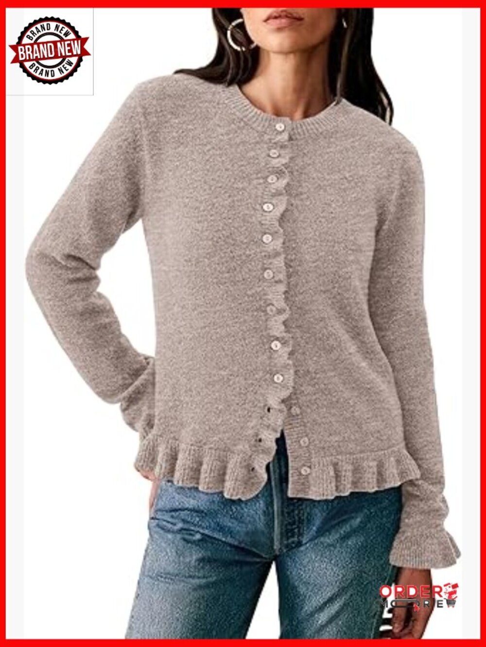 Women's Chunky Knit Cropped Cardigan Sweater with Ruffle Trim